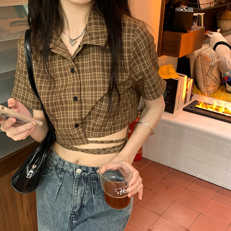 Áo Sơ Mi Nữ Cột Dây Eo Dáng Ngắn Họa Tiết Caro Thời Trang Mùa Hè Xinh Xắn