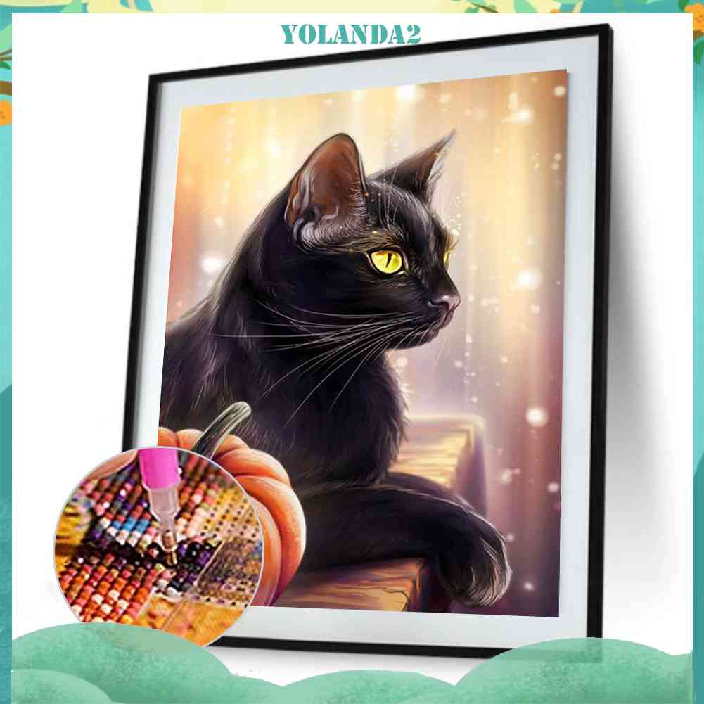 Tranh Thêu Chữ Thập Đính Đá Kim Cương 5D DIY Hình Vẽ Mèo Đen
