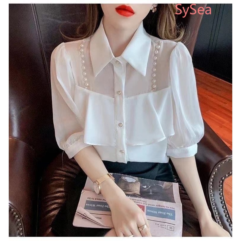 Áo Sơ Mi Voan Phối Ren Bèo Nhún Thanh Lịch Thời Trang Cho Nữ