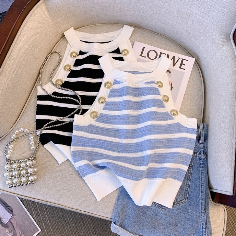 New French-style striped knitted shirt for girls sleeveless camisole slim-fit hot girl top