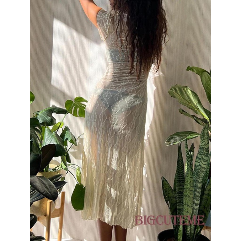 Đầm Midi Tay Ngắn Cổ Tròn Thiết Kế Xẻ Tà Thời Trang Mùa Hè Xinh Xắn Cho Nữ