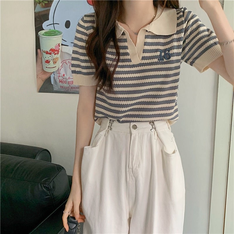 Áo Thun polo Dệt Kim Mỏng Tay Ngắn Kẻ Sọc Thời Trang Mùa Hè Cho Nữ