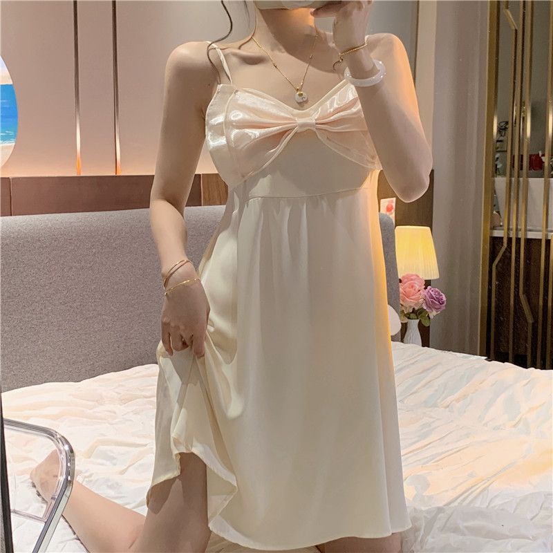 Đầm Ngủ Hai Dây Bằng Lụa Đính Nơ Phong Cách Nhật Bản Dễ Thương Ngọt Ngào Dành Cho Bạn Nữ Mặc Ở