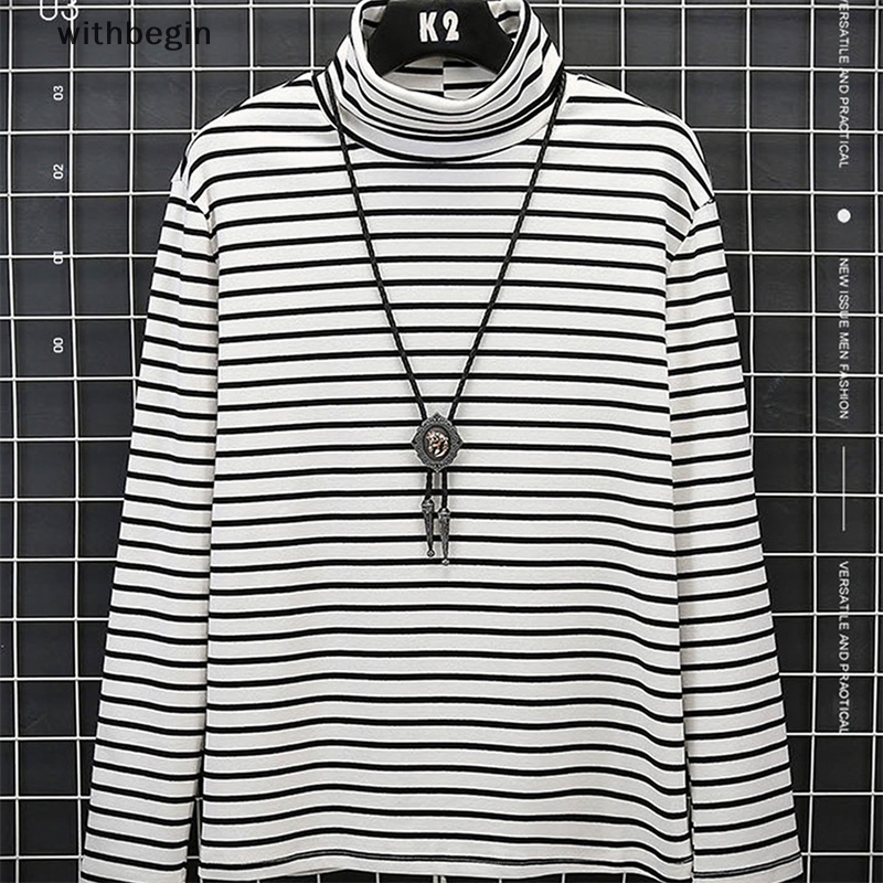 Áo Thun Dài Tay Cổ Lọ Họa Tiết Kẻ Sọc Phong Cách Đường Phố