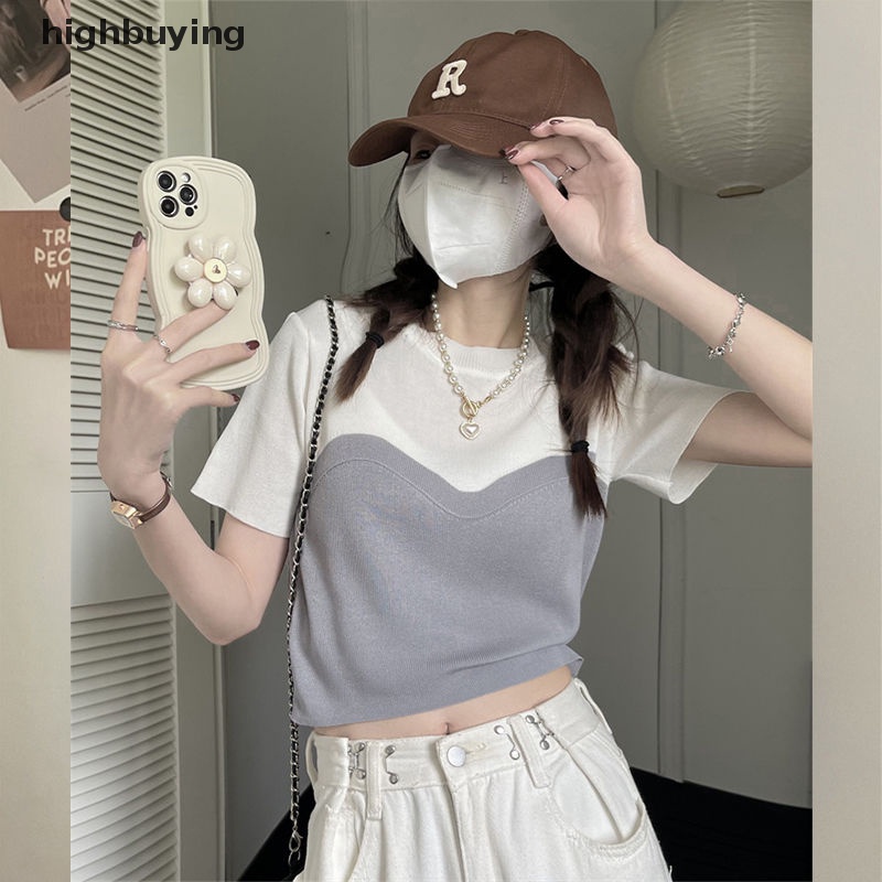 Áo Thun Ngắn Tay Giả Hai Lớp Phong Cách Quyến Rũ Dành Cho Nữ