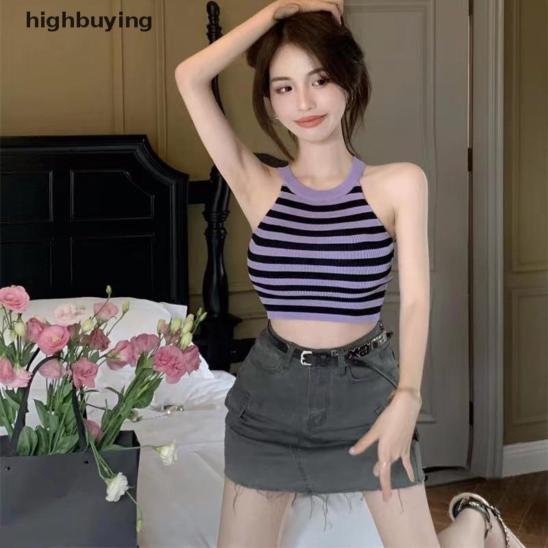 Áo Hai Dây Dệt Kim Họa Tiết Kẻ Sọc Vintage Quyến Rũ Cho Nữ