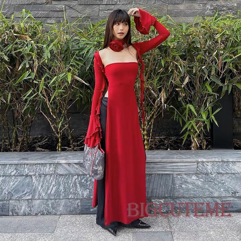 [] Đầm Dài Mùa Hè Không Dây Xẻ Tà Bên Hông Tay Dài Bolero Shrug &amp; Choker Hoa Hồng Cho Nữ