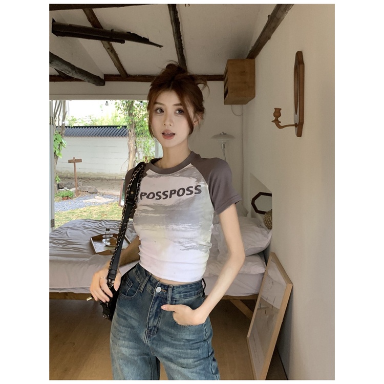 Áo Thun Tay Ngắn Cổ Tròn In Họa Tiết Màu Tương Phản Phong Cách Hàn Quốc Thời Trang Mùa Hè Cho