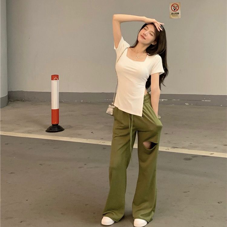 COZOK Áo Thun Ngắn Tay Cổ Vuông Xẻ Tà Thời Trang Retro Cá Tính