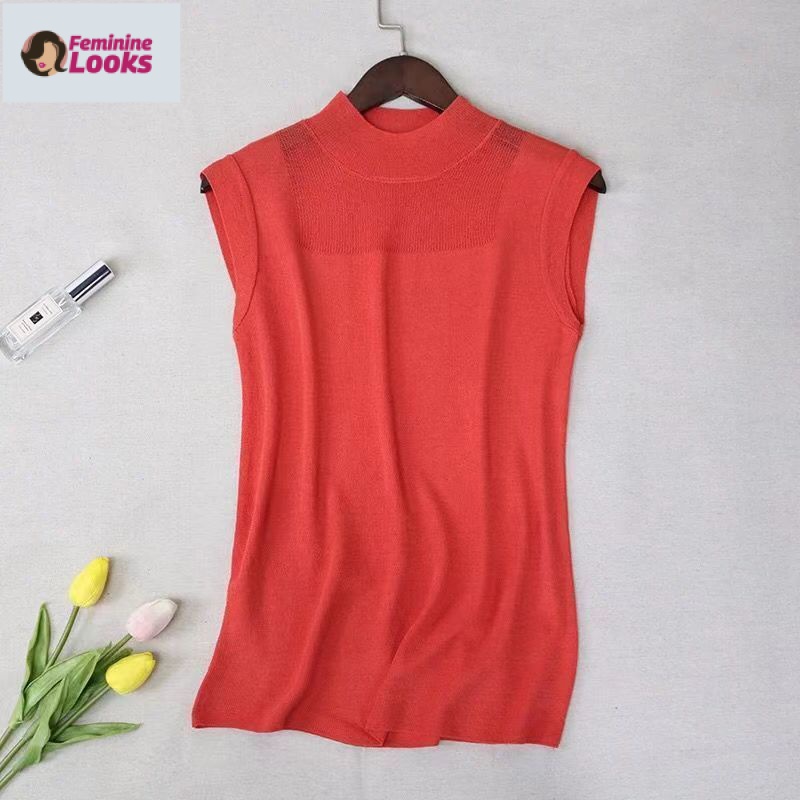 Áo Dệt Kim Sát Nách Cổ Cao Vải Lụa Lạnh Thoải Mái