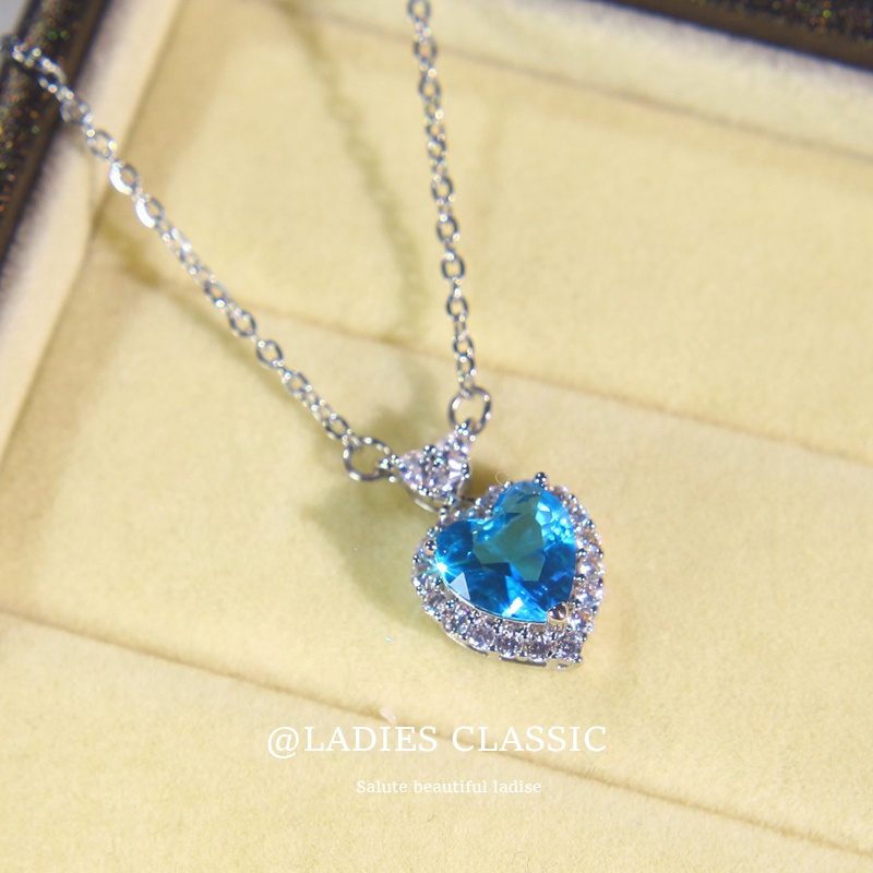 Bộ Dây Chuyền + Bông Tai Hình Trái Tim Đính Đá Sapphire Xanh Đỏ Thời Trang Cho Nữ