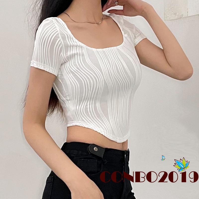 Áo Thun Crop Top Tay Ngắn Cổ Chữ U Họa Tiết Kẻ Sọc Phong Cách Đường Phố Thời Trang Mùa Hè Cho Nữ
