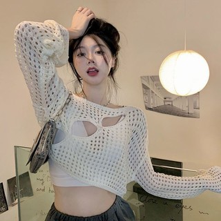 New design long-sleeved sunscreen knitwear summer fashion hot girl elegant chic top hollow short sunscreen blouse