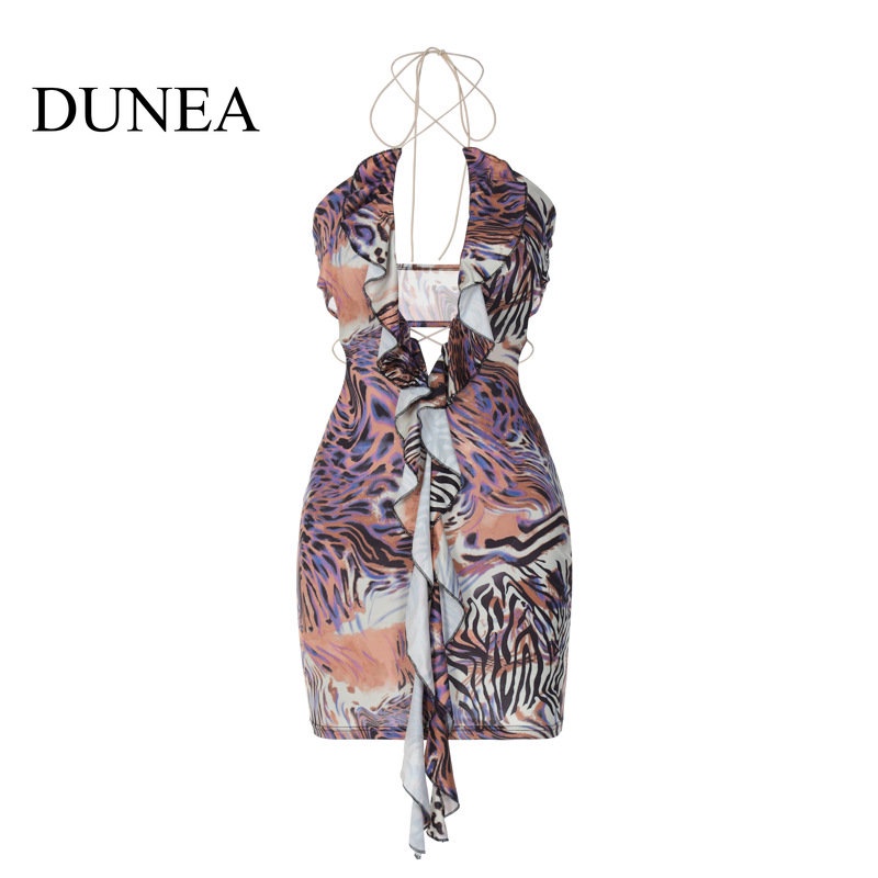 DUNEA Đầm Cổ Thấp Hở Lưng Cột Dây In Họa Tiết Động Vật Quyến Rũ Cho Nữ