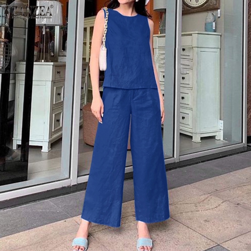 Bộ đồ ZANZEA gồm áo không tay cổ chữ V phối quần dài lưng cao có khóa kéo thời trang Hàn Quốc