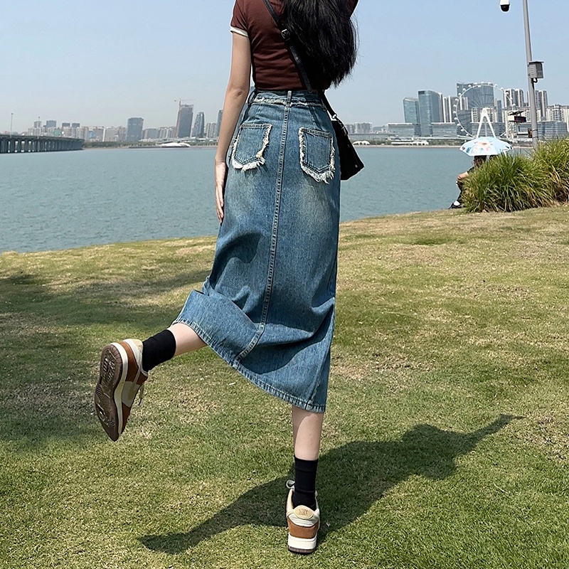 Chân Váy Denim Xẻ Tà Lưng Cao Thời Trang Dành Cho Nữ