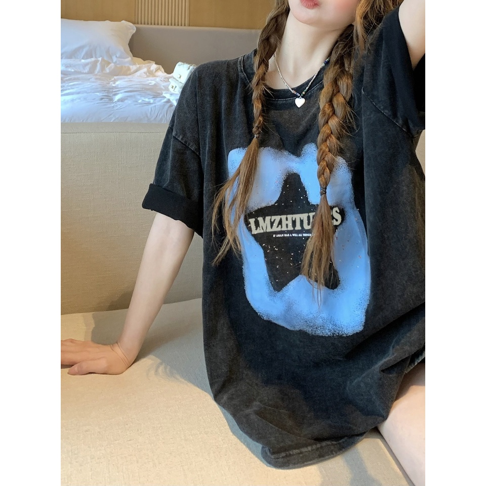 Áo Thun Đen Dáng Rộng In Chữ Và Ngôi Sao Thời Trang Mùa Hè Năng Động