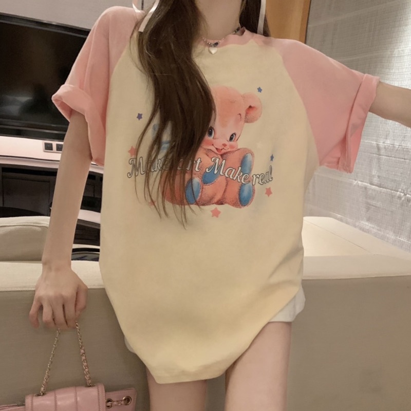 Áo Thun Tay Ngắn Cổ Tròn In Hình Gấu Dễ Thương Phong Cách vintage Dành Cho Nữ