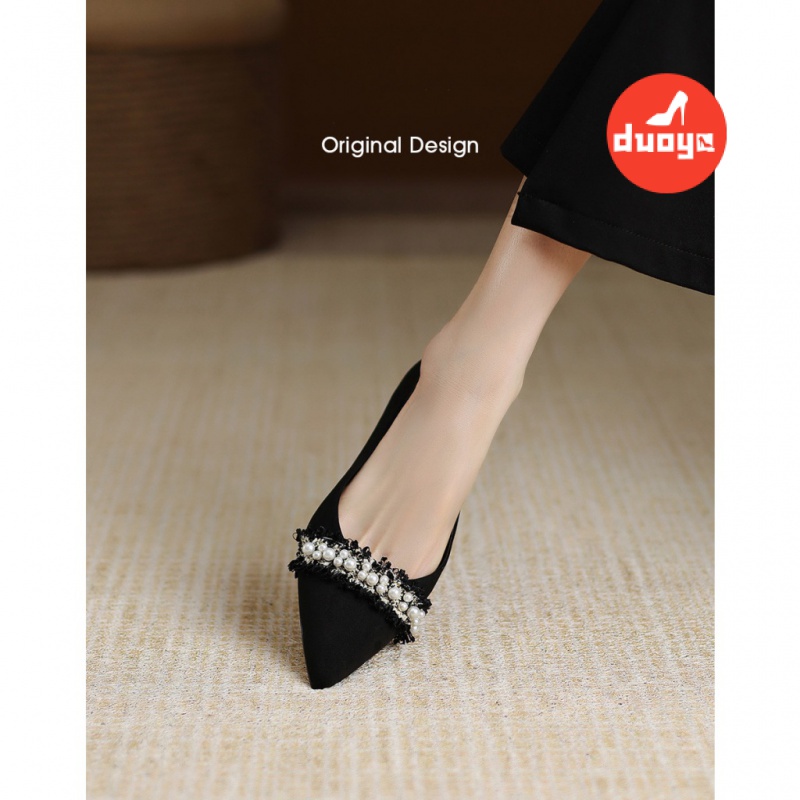 Duoya Tóc Thẳng ~ [Hàng Có Sẵn] Giày Búp Bê Mũi Nhọn Gót Thấp Dày Dặn Đính Ngọc Trai Thanh Lịch Cho Nữ Miễn Phí Vận Chuyển