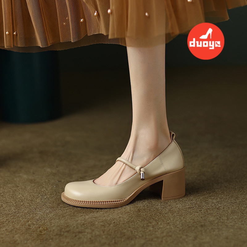 Duoya Tóc Thẳng ~ [Hàng Có Sẵn] Giày Cao Gót Mũi Tròn Bằng Da Thật Mềm Mại Thoải Mái Dễ Phối Đồ Cho Nữ Giới