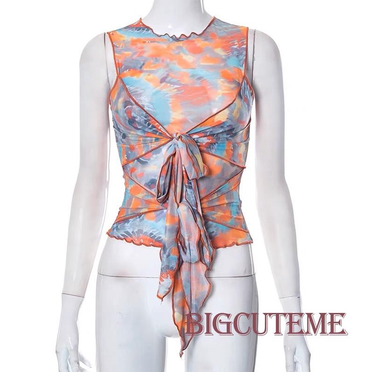 Áo Tank Top Nhuộm Màu Không Tay Thắt Nút Trước Thời Trang Mùa Hè Cho Nữ