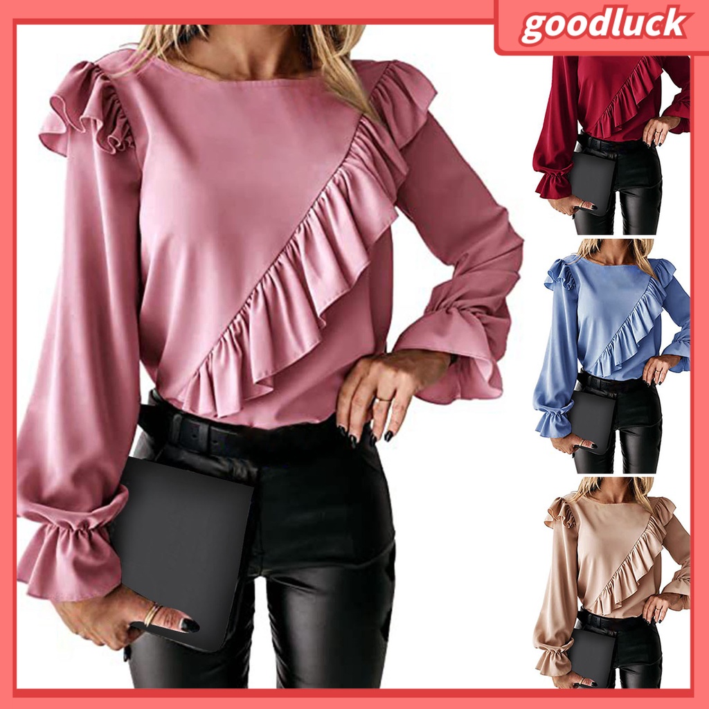 Áo Thun Tay Dài Cổ Tròn Phối Bèo Màu Sắc Trơn Phong Cách Đường Phố Thời Trang Mùa Thu Cho Nữ