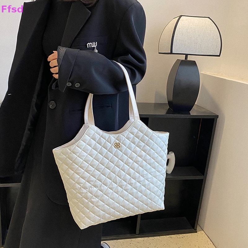 {Ffsd} Túi Xách Tote Đeo Vai Cỡ Lớn Kẻ Sọc Hình Thoi Vintage Mùa Thu Cao Cấp Có Khóa Cài * Bán Chạy