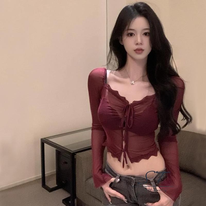 Áo Thun Crop Top Tay Dài Phối Ren Lưới Thời Trang Xuân Hè Cho Nữ CY03