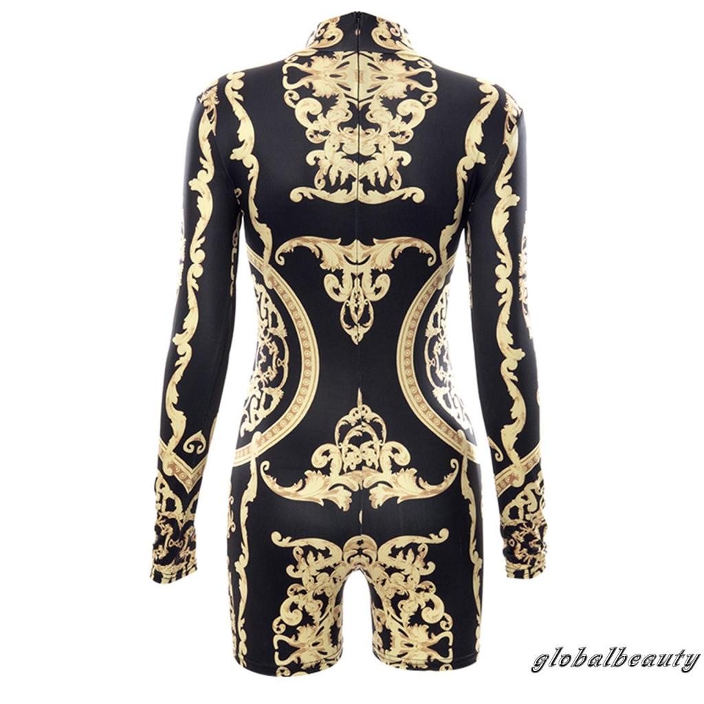 Bộ Áo Liền Quần Ngắn Tay Dài Cổ Cao Ôm Dáng In Họa Tiết Cho Nữ