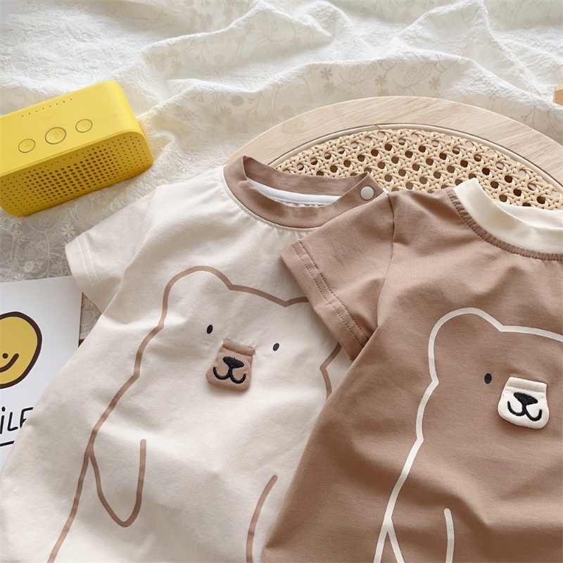 Bộ Áo Liền Quần Bằng Cotton Tay Ngắn In Hình Gấu Hoạt Hình Thời Trang Mùa Hè Hàn Quốc Cho Bé Sơ Sinh 0-2