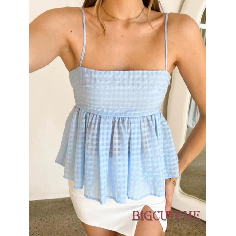 Áo Hai Dây Hở Lưng Họa Tiết Sọc Caro Phong Cách Đường Phố Thời Trang Mùa Hè Cho Nữ