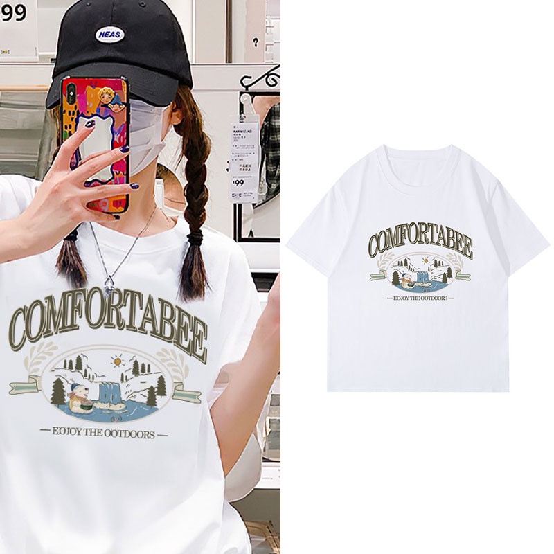 Áo Thun 100% Cotton Tay Ngắn Cổ Tròn In Họa Tiết Phong Cách Hàn Quốc Cho Nữ