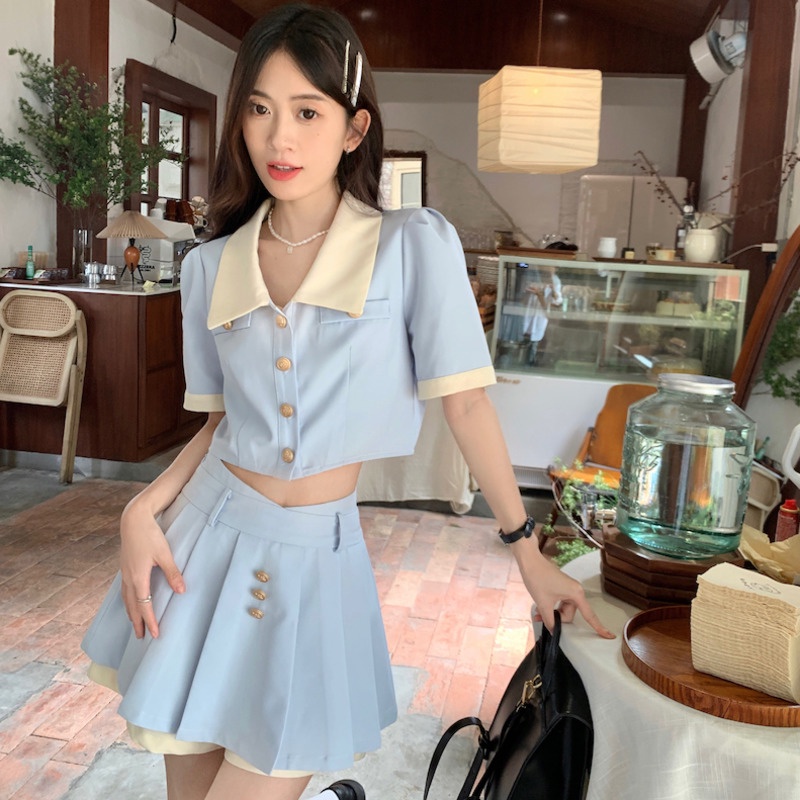 Set Áo Lửng Cổ Bẻ Dài Tay + Quần short Lưng Cao Thời Trang Nữ