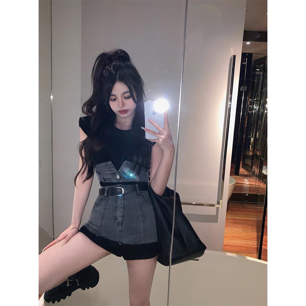 Set Áo Thun Ngắn Tay + Chân Váy Denim Thời Trang Mùa Hè Phong Cách Mới Cho Nữ