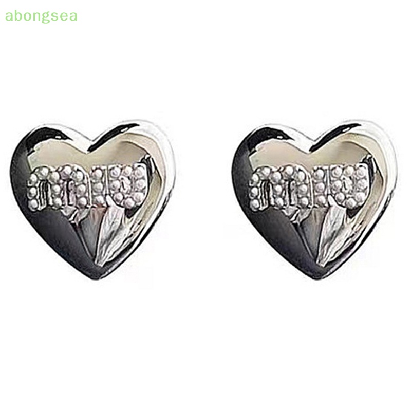 Khuyên Tai Hình Trái Tim abongsea Đính Ngọc Trai Giả Bằng Kim Loại Tráng Men Họa Tiết Chữ Xinh