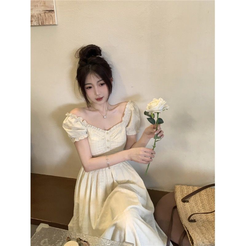 Giao Hàng Nhanh Chóng  Đầm Cổ Vuông Tay Phồng Phong Cách Pháp Nhẹ Nhàng Mùa Hè Cho Nữ