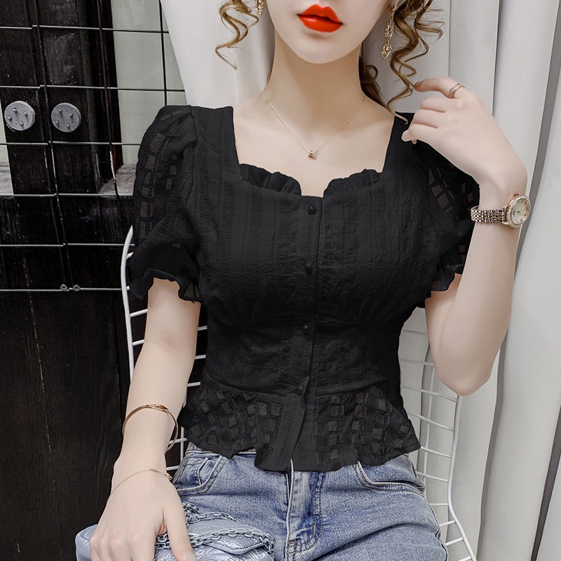 Áo Sơ Mi Chiffon Tay Ngắn Phồng Cổ Vuông Thời Trang Mùa Hè 2023 Phong Cách Pháp Mới Cho Nữ