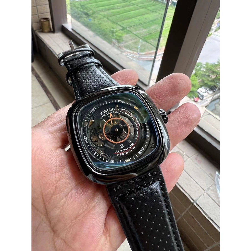 Đồng hồ cơ nam PAGINI PA1886 dây da cao cấp mặt vuông, kính chống xước