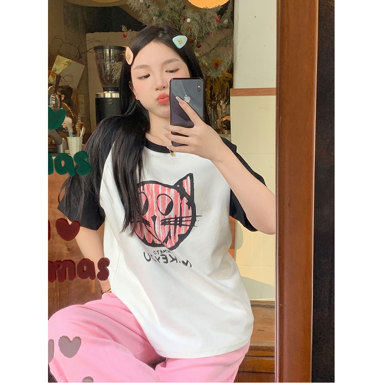 Áo Thun Raglan Tay Ngắn In Họa Tiết Hoạt Hình Phong Cách Hàn Quốc Thời Trang Mùa Hè Cho Nữ