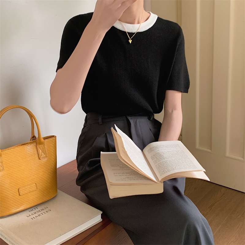 SUXI Áo Dệt Kim Tay Ngắn Cổ Thuyền Dáng Rộng Màu Sắc Thời Trang Mùa Hè Xinh Xắn Cho Nữ