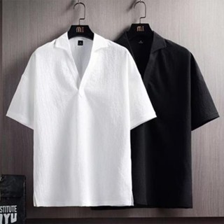 Đơn Giản Cổ Chữ V Áo Sơ Mi polo Nam M-3XL Ice Silk Nửa Tay Áo polo Nam Mùa Hè Màu Trơn Phù Hợp Với Áo Thun Lãnh Đạo Dạo Phố Vải Lanh Rời Nửa Tay