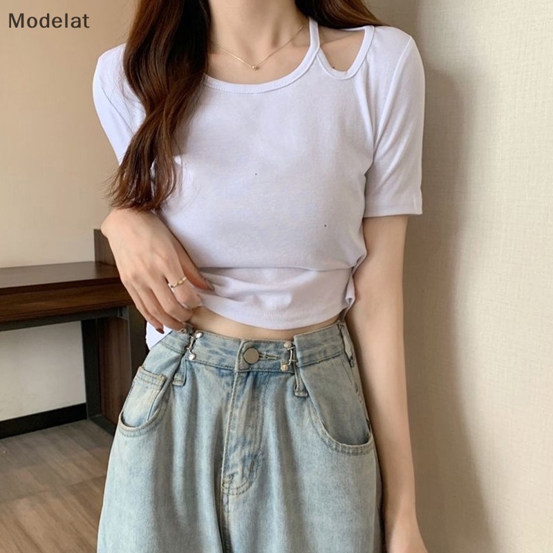 Áo Croptop Trễ Vai Tay Ngắn Cổ Tròn Màu Trơn Thời Trang Mùa Hè Cho Nữ