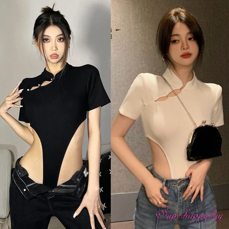 Bộ Áo Liền Quần Tay Ngắn Dáng Ôm Khoét Lỗ Eo Cao Màu Sắc Đơn Giản Thời Trang Cho Nữ