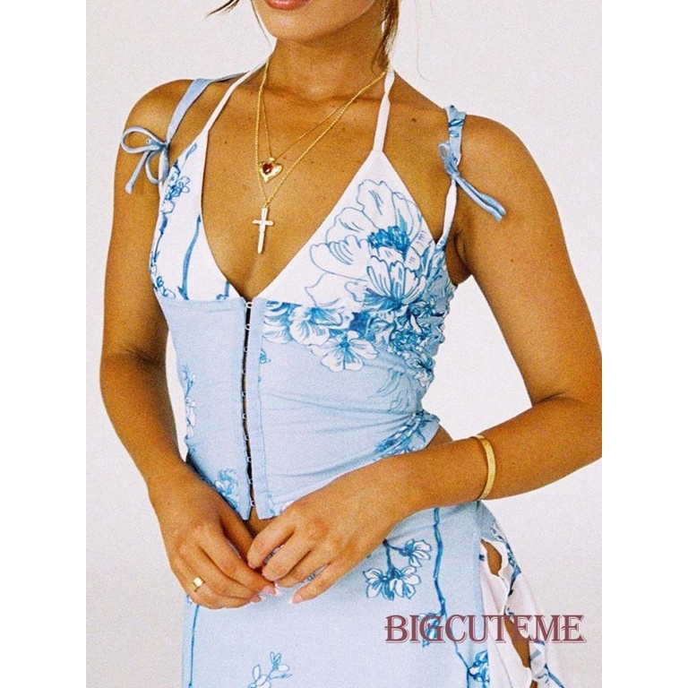 Áo Hai Dây Cổ Chữ V In Hoa Thời Trang Mùa Hè Dành Cho Nữ