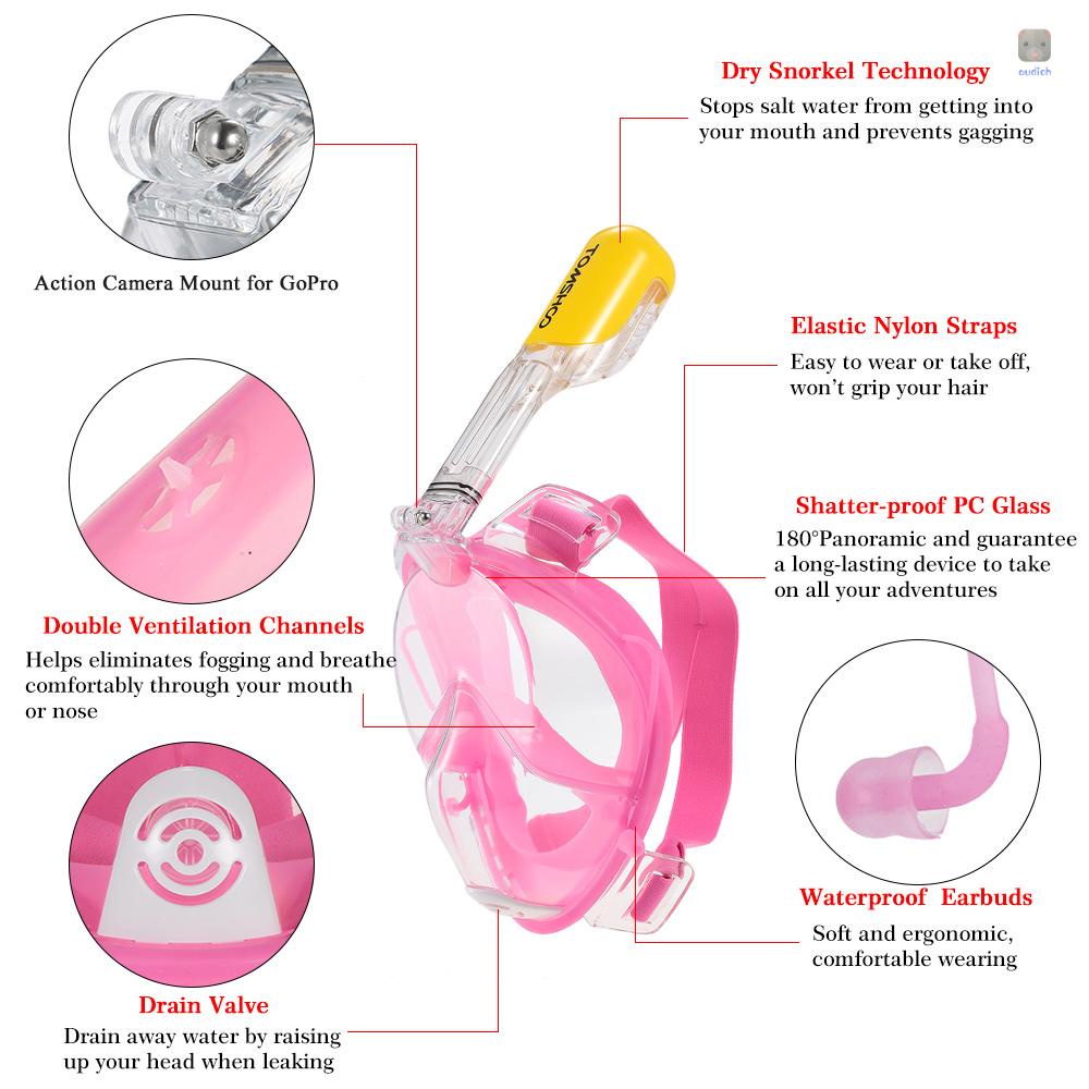 Ống Thở Lặn Biển TOMSHOO 180 Độ Cho Người Lớn° Thiết Kế Toàn Mặt Toàn Diện Với Thiết Kế Gắn Máy Ảnh Hành Động Cho Panoramic