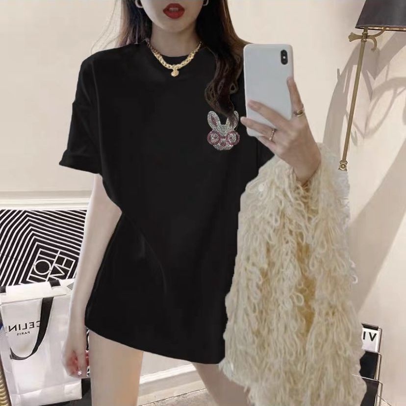 Áo Thun Tay Ngắn Dáng Rộng Bằng Vải Cotton Màu Trắng Trơn In Hình Thỏ Đính Đá Thời Trang Mùa Hè Phong Cách Mới Cho Nữ
