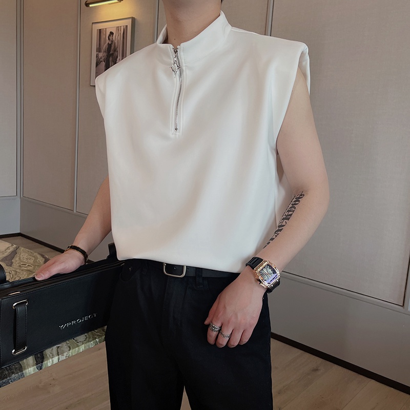 Áo Thun Sát Nách Cổ Đứng Có Khóa Kéo Màu Trơn Thời Trang Mùa Hè Cho Nam