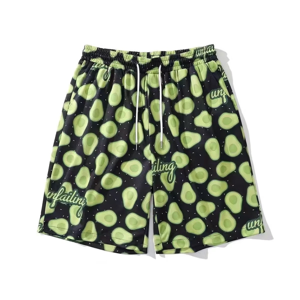 Macadamia Quần Short Thể Thao Đi Biển Dáng Rộng In Họa Tiết Quả Bơ Màu Xanh Lá Cho Nam Và Nữ