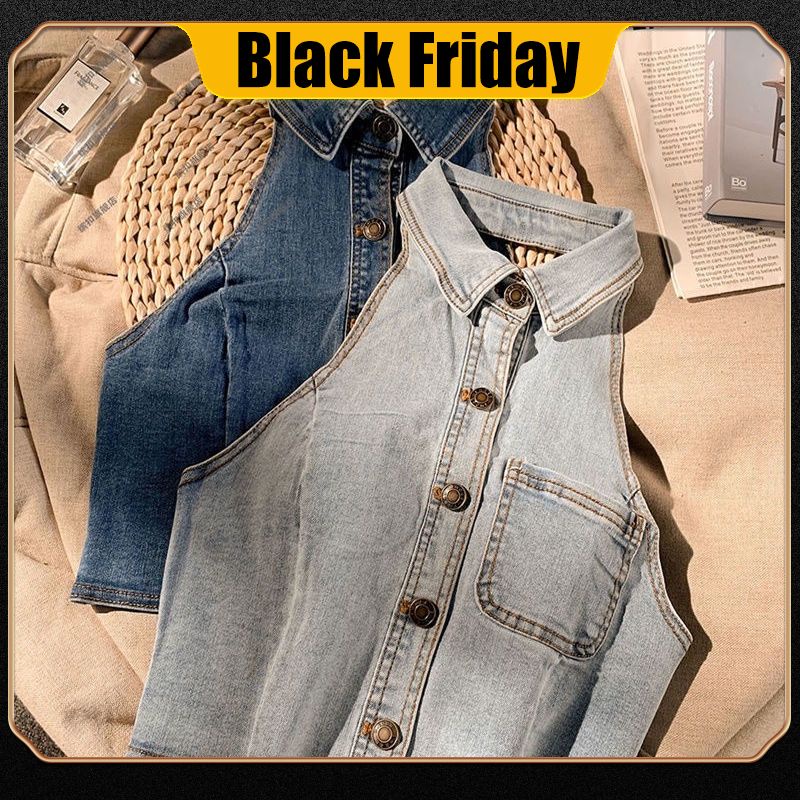Áo khoác denim không tay đeo cổ lưng mỏng sành điệu thời trang mùa hè mới cho nữ
