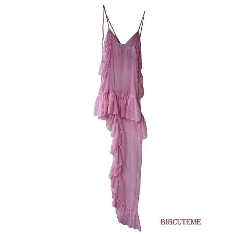 [] - Đầm Hai Dây Không Tay Hở Lưng Nhún Bèo Màu Hồng Mùa Hè Cho Nữ